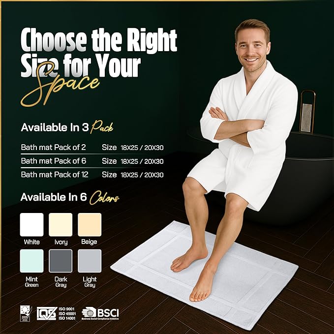 Pearl Linens Pack of 6 100% Cotton Bath Mat 20X30 inches, Soft & Absorbent Quick Dry Bathroom Mat Set, Not Bathroom Rugs, After Shower Mat, Bath Tub Mat, 687 GSM, Machine Washable, White
