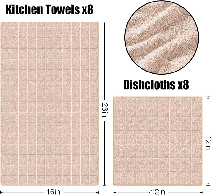 Homaxy Microfiber Kitchen Towels and Dishcloths Set, 16 Pack Soft and Absorbent Dish Hand Towels Bulk, 28 x 16 Inch & 12 x 12 Inch Quick Drying Rags for Washing Dishes, Beige