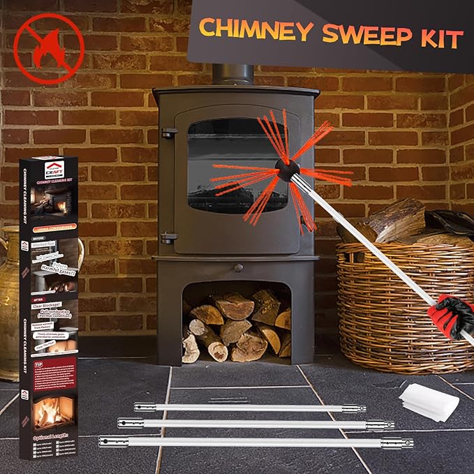 46 Feet Chimney Sweep Kit, Chimney Cleaning Kit with 14 Flexible White Chimney Rods, Chimney Brush for Sweeping Fireplace, Rotary Chimney Cleaning System Driven by Drill