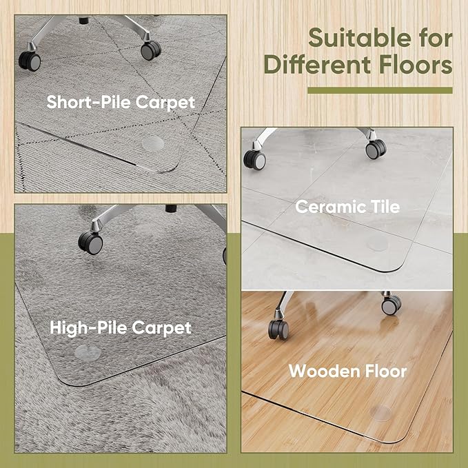 Office Chair Mat for Carpet & Hardwood, Upgraded 29" x 48" Dual Use Tempered Glass Chair Mat for Chair and Footrest Under Desk