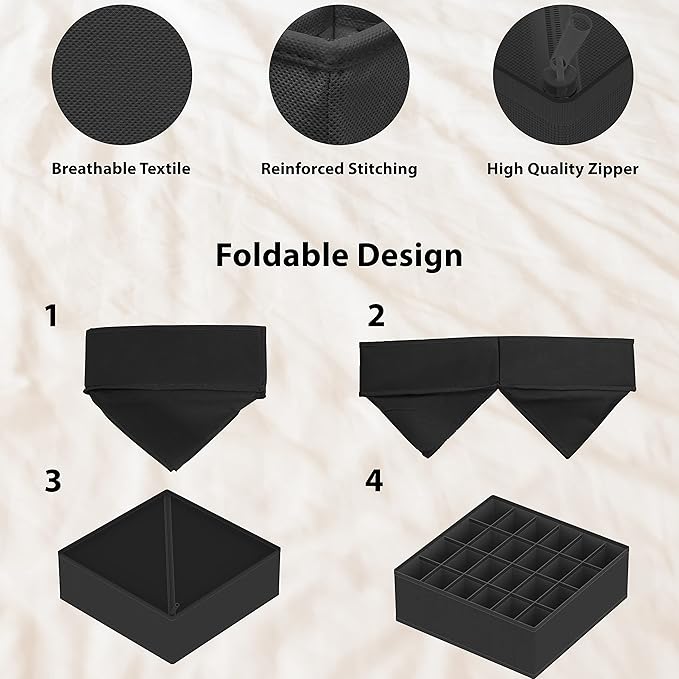 Simple Houseware 4-Pack Drawer Organizer Set - Closet Dividers for Underwear, Socks, Bras, Scarves, Ties - Foldable Non-Woven Storage Boxes, Dark Gray