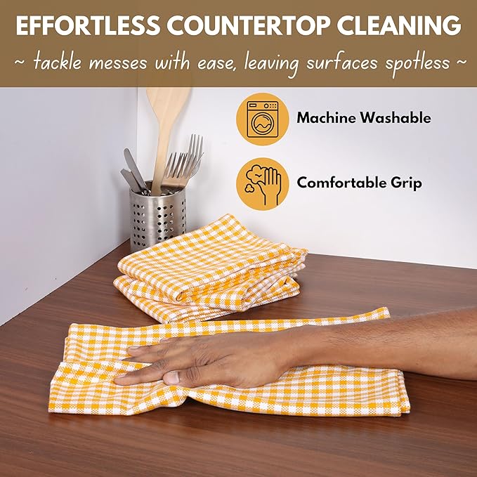 Native Fab 4 Pack Yellow Gingham Cotton Dish Towels 16"x26" - Absorbent Kitchen Linen Towels with Hanging Loop, Dishcloths Set for Drying Dishes, Cleaning Hand Towels, Mustard Yellow White