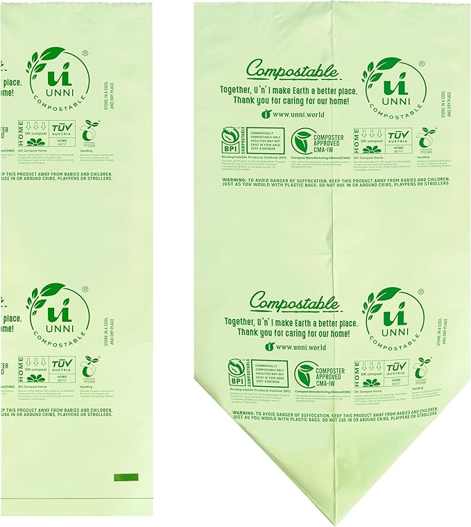 UNNI Compostable Trash Bags, 2.6 Gallon / 9.84 Liter, 100 Count, Extra Thick 0.71 Mil Small Kitchen Food Scrap Bin Liners, Certified by BPI, CMA & OK compost HOME, Meets the ASTM D6400 Standard