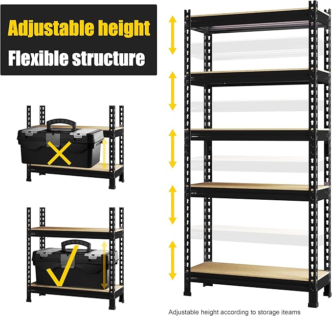 PrimeZone Storage Shelves 5 Tier Adjustable Garage Storage Shelving, Heavy Duty Metal Storage Utility Rack Shelf Unit for Warehouse Pantry Closet Kitchen, 28" x 12" x 59", Black, 6 Packs