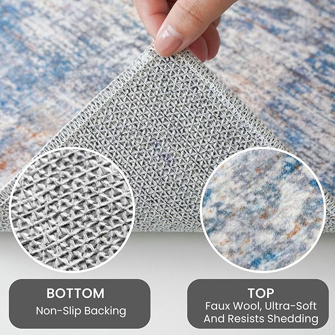 IOHOUZE Abstract Area Rugs 9x12 Ft Washable Large Rugs for Living Room, Non Slip Dining Room Rug, Printed Faux Wool Rugs for Bedroom, Floor Carpet for Office Nursery Playroom, Blue Rust
