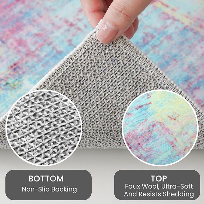 IOHOUZE Abstract Runner Rug 2x5 Ft Washable Runners for Hallways, Non Slip Kitchen Runner Printed Faux Wool Entryway Runner Indoor, Modern Abstract Floor Carpet for Hall Kitchen Bedroom, Pink Teal