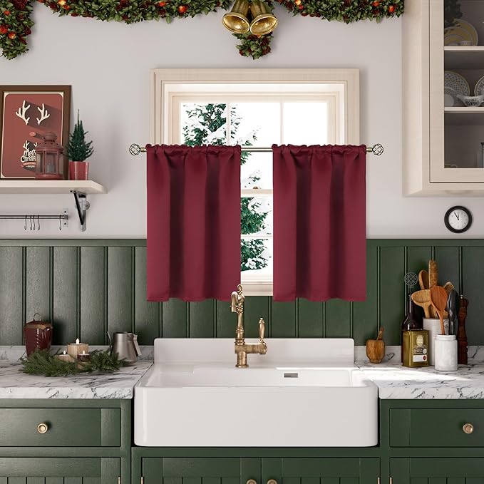BGment Short Burgundy Blackout Curtains 36 Inches Length for Kitchen Window Over Sink - Half Window Drapes with Rod Pocket Privacy for Cafe Bathroom, 34 x 36 Inch, 2 Panels