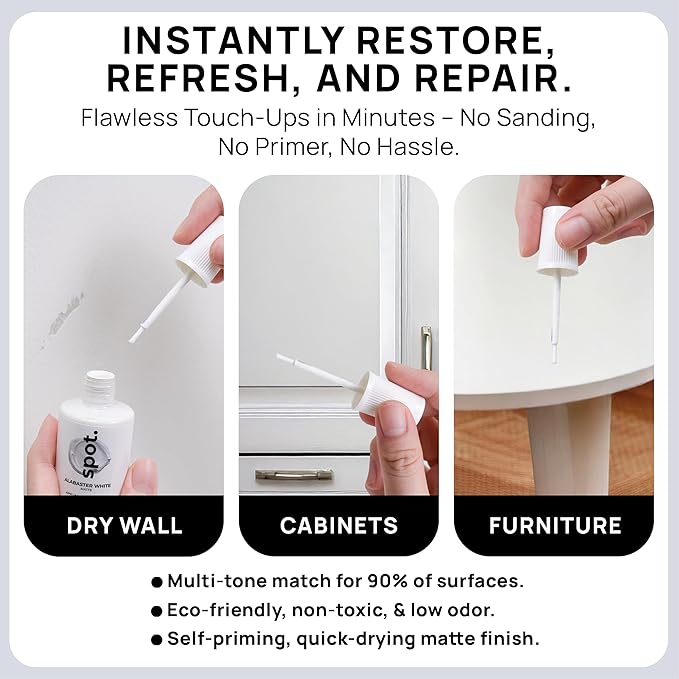 spot. Touch-Up Paint | Matte Finish for Cabinets, Walls, Doors & Furniture | Multi-Tone White Repair Kit | Quick-Dry, Self-Priming, Low-Odor, Eco-Friendly | No-Sanding or Primer Needed | 3 Pack