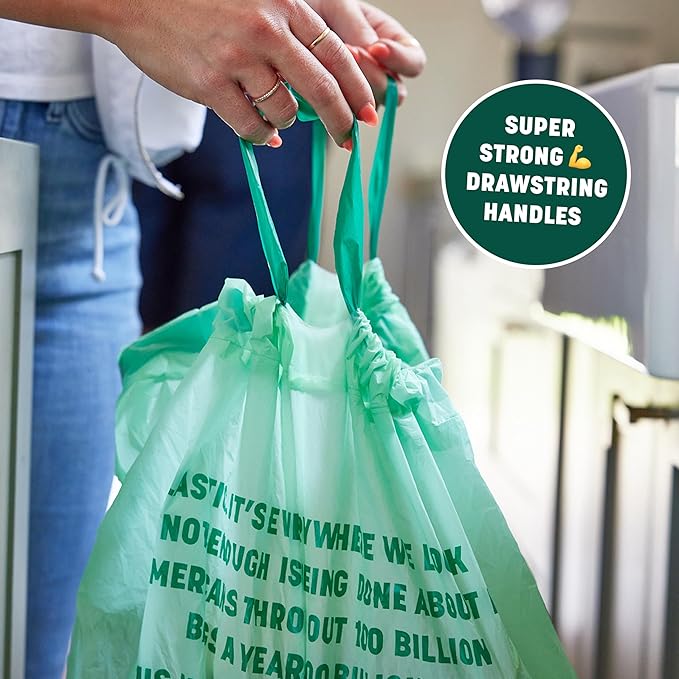HoldOn 13-Gallon Trash Bags – Plant-based Tall Kitchen Trash Bags with Drawstring Handles for Tall Trash Bins, Heavy-duty and Compostable Large Trash Bags (40 bags)
