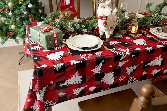 Red Waterproof Plaid Christmas Tree Tablecloth Fabric - Square 58x58 Inch Classic Gingham Checker Holiday Table Cloth for Indoor Use - Xmas Table Cover for Picnics, BBQs, and Parties