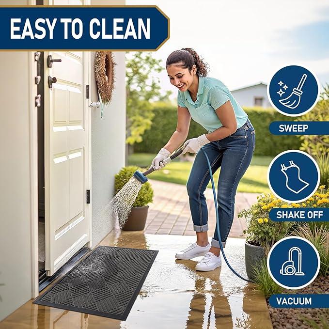 Smiry Front Door Mat Outside Entrance, Heavy Duty Outdoor Indoor Natural Rubber Doormat, Non Slip, Trap Dirt and Moisture, Easy Clean, Low Profile Patio Porch Entryway Mat, 59x35, Grey