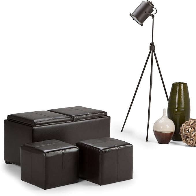 SIMPLIHOME Avalon 35 inch Wide Contemporary Rectangle 5 Pc Storage Ottoman in Tanners Brown Vegan Faux Leather, Assembled, for the Living Room, Entryway and Family Room