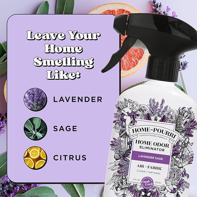 Home-Pourri Air + Fabric Multi-Purpose Odor Freshener Spray, 11 Fl Oz, Up to 570 Uses, Lavender Sage Scent, Room Deodorizer with Essential Oils, for Carpets, Couches, Bedding & Curtains