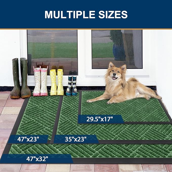Smiry Front Door Mat Outside Entrance, Heavy Duty Outdoor Indoor Mat, Natural Rubber Doormat, Non Slip, Trap Dirt and Moisture, Easy Clean, Low Profile Patio Porch Entryway Mat, 35x23, Green