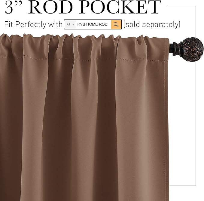 RYB HOME Half Window Curtains Blackout Shades Small Draperies for Living Room, Short Curtains for Cafe Shop/Kitchen, 29 inches Wide x 24 inch Long Per Panel, Mocha, 2 Panels