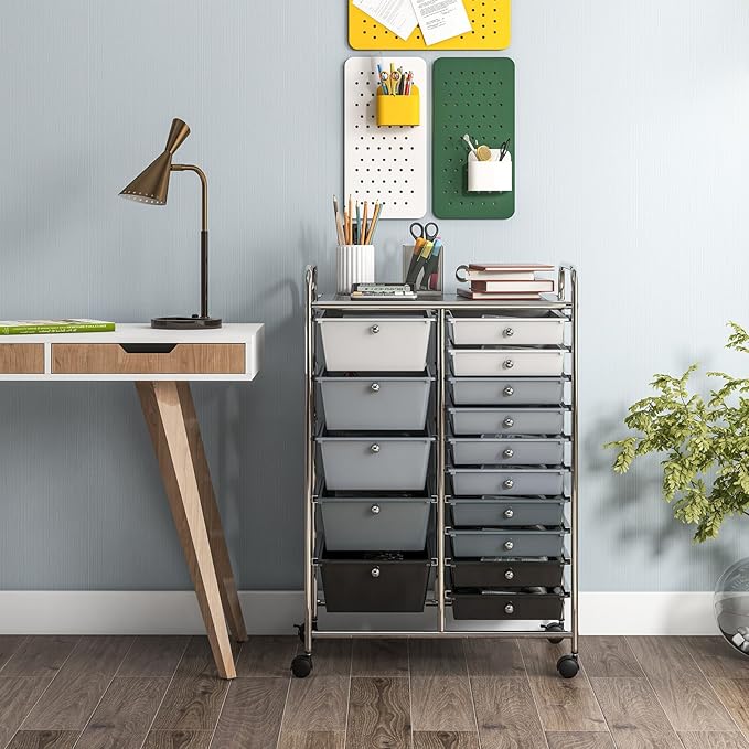 GOFLAME 15-Drawer Rolling Storage Cart, Multipurpose Movable Organizer Cart, Utility Cart for Home, Office, School, Gray Gradient