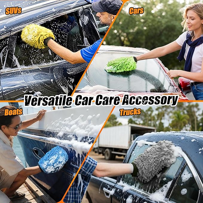 Car Wash Mitt Microfiber, Premium Chenille Microfiber Wash Car Mitts Sponge Scratch Free & Lint-Free, Mitts Waterproof Lining 4 Pack Gray(8''X12'')