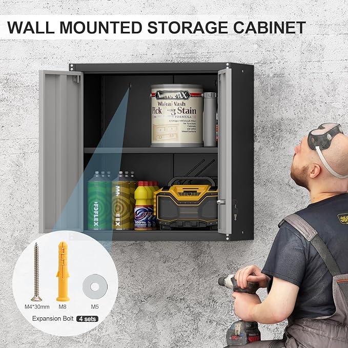 Metal Wall Cabinet, Garage Cabinets Wall Mounted, Locking Storage with Adjustable Shelves, Wall Mounted Garage Cabinet with Doors, Floating Cabinet for Home Office, Utility Room