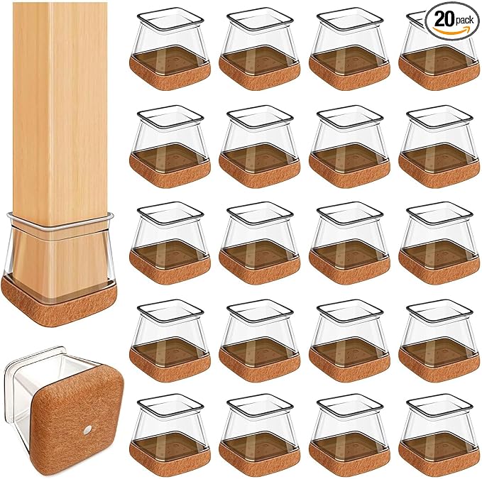20 Pcs Chair Leg Floor Protectors for Hardwood Floors, Clear Rubber Furniture Sliders with Felt, Silicone Furniture Leg Caps Covers (Fit Square Diameter:1.5" to 1.75")