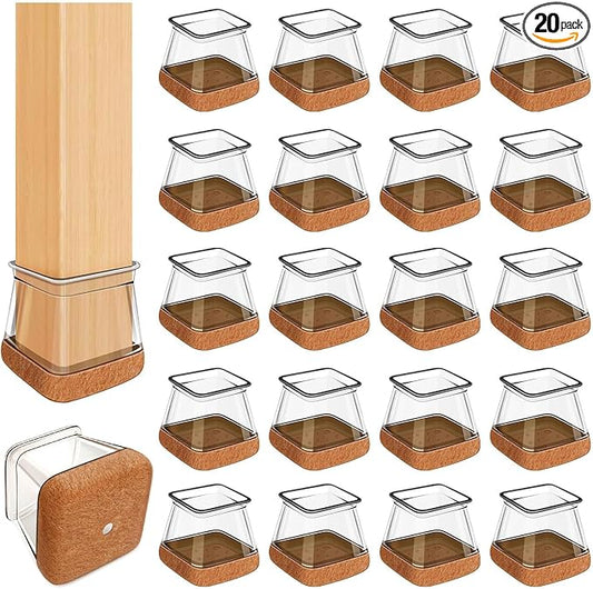 20 Pcs Chair Leg Floor Protectors for Hardwood Floors, Clear Rubber Furniture Sliders with Felt, Silicone Furniture Leg Caps Covers (Fit Square Diameter:1.5" to 1.75")