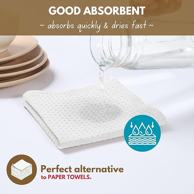 Native Fab Cotton Kitchen Towel with Hanging Loop 16x26 inches, 4-Pack, Waffle Weave Kitchen Towels for Cleaning Drying, Washcloths Soft & Absorbent Cloth Rags, Bar Towel, Dish Cloth, White