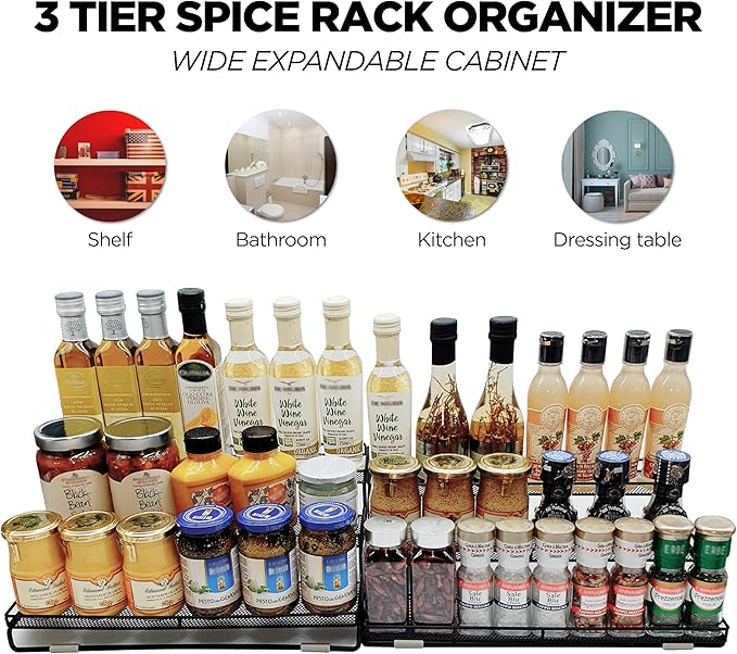 3 Tier Wide Expandable Cabinet Spice Rack Organizer (14.5" to 29.1") - Step Shelf with Protection Railing, Black