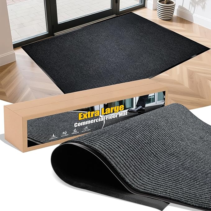 Extra Large Indoor/Outdoor Entrance Mat - 4 x 5 Feet, Rubber Border Door Mat, Waterproof, Low-Profile, Easy to Clean, Rubber Entry Mat,Commercial Floor Mat, Charcoal Grey