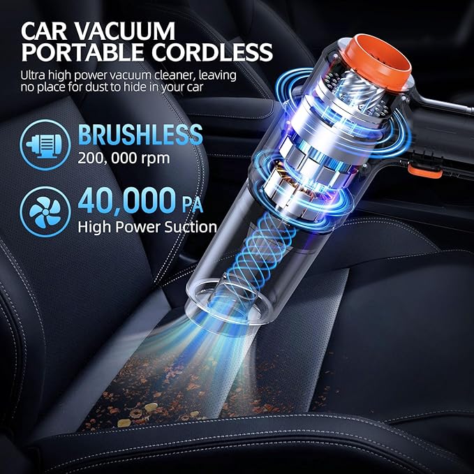 Car Vacuum Portable Cordless, 40,000Pa High Power Dust Buster, 6-in-1 Handheld Vacuum Cleaners for Home, Car, Pet Hair, Keyboard, Black