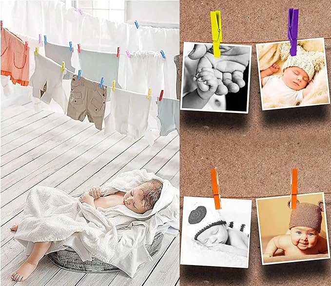 1.9 Inch Purple Wooden Clothes Pins with Strong Craft String for Pictures Papers Peg Photo Display Shirt Clips Pack 50