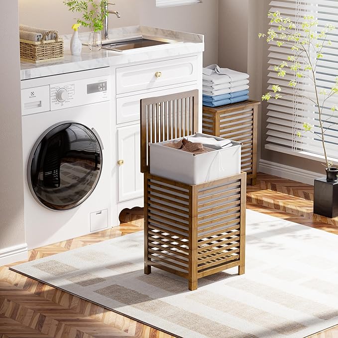SMIBUY Double Laundry Hamper with Lid, 120L Bamboo Laundry Basket with Removable Liner Bag, 2-Section Clothes Divider Laundry Sorter for Laundry Room, Bathroom, Bedroom (Walnut)