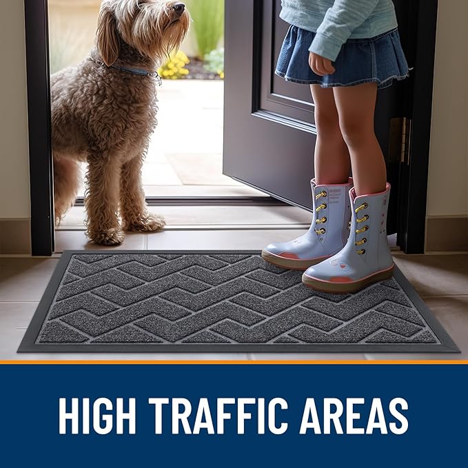 OLANLY Front Door Mat Indoor Outdoor Entrance, Waterproof All-Season, All-Weather Doormat, Sturdy Natural Rubber, Low Profile, Easy Clean Patio Porch Entryway Mat, Herringbone Brick (Grey, 47x32)