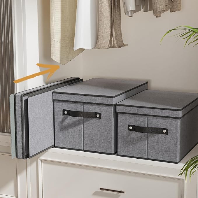 Storage Boxes, 15 x 9.8 x 8.3 Inch Baskets for Organizing with Lids, Fabric Bins with Handles, Decorative Linen Closet Organizers, Gray, 1 Pack