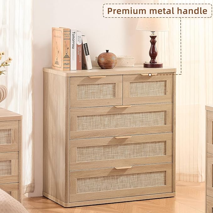 LEYAOYAO Rattan Dresser for Bedroom, 33.5" Tall Chest of Drawers, Modern 5 Drawers Boho Dressers with Storage, Light Oak Dresser Wooden Closet Organizer for Living Room, Hallway, Natural Wood