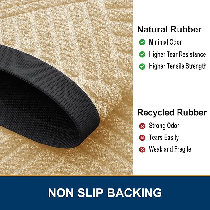 Smiry Front Door Mat Outside Entrance, Heavy Duty Outdoor Indoor Natural Rubber Doormat, Non Slip, Trap Dirt and Moisture, Easy Clean, Low Profile Patio Porch Entryway Mat, 47x32, Beige