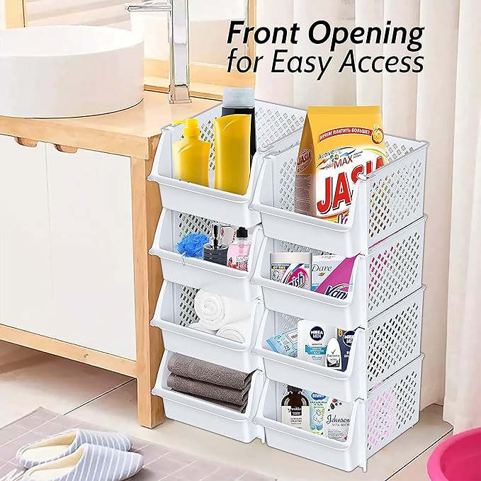 Skywin TidyFriend Plastic Stackable Storage Bins for Pantry, 8 Pack White Stackable Bins For Organizing Food, Kitchen, and Bathroom Essentials (Random)