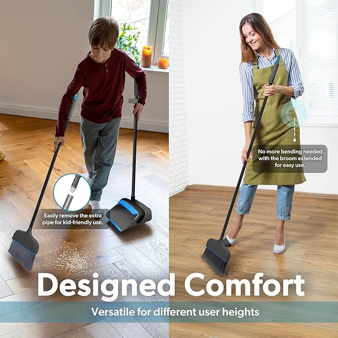BLACK+DECKER Butler Broom & Dustpan Set - Short Handle, Stand-Up Design - Lightweight, Space-Saving Combo for Kitchen, Living Room, Bathroom, Lobby Floors - Home Cleaning Essential, Black/Blue
