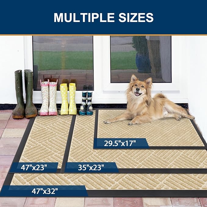 Smiry Front Door Mat Outside Entrance, Heavy Duty Outdoor Indoor Natural Rubber Doormat, Non Slip, Trap Dirt and Moisture, Easy Clean, Low Profile Patio Porch Entryway Mat, 35x23, Beige