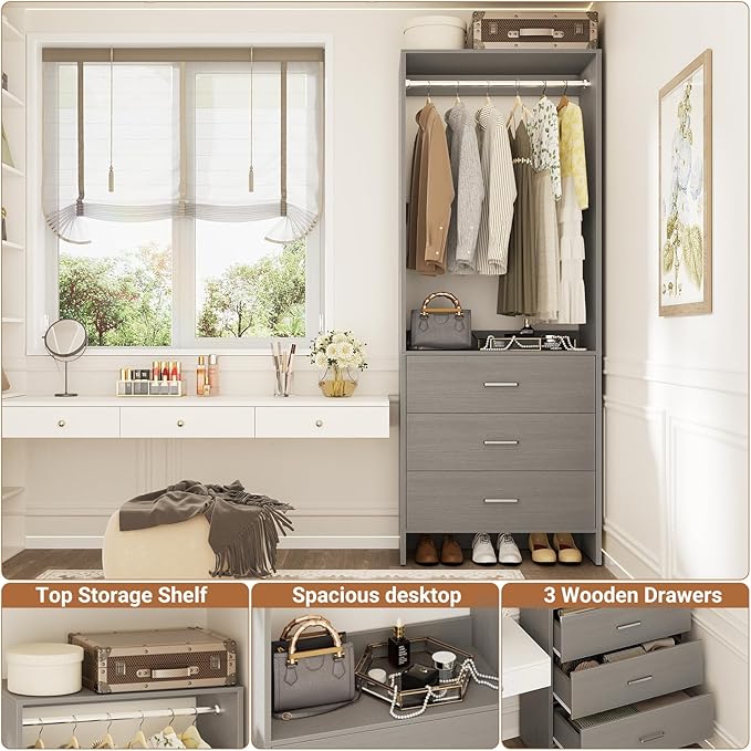 Aheaplus 2FT Closet System with 3 Drawers, 24’’ Closet Organizer, Wood Closet Organizer System, Walk-in Closet or Small Closets Wardrobe, Clothes Rack with Hanging Rods,-E6, Grey