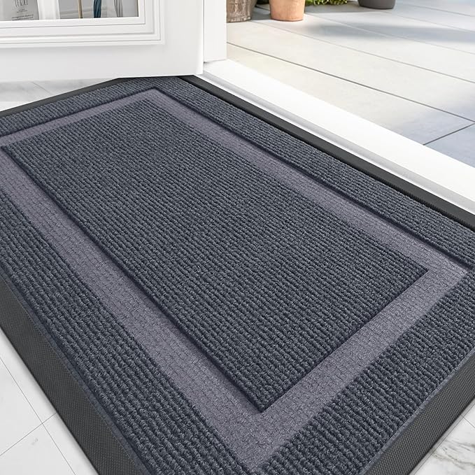 OLANLY Front Door Mat Indoor Outdoor Entrance, Waterproof All-Season, All-Weather Doormat, Sturdy Natural Rubber, Fade Resistant, Low Profile, Easy Clean Patio Porch Entryway Mat, 47x23, Light Grey