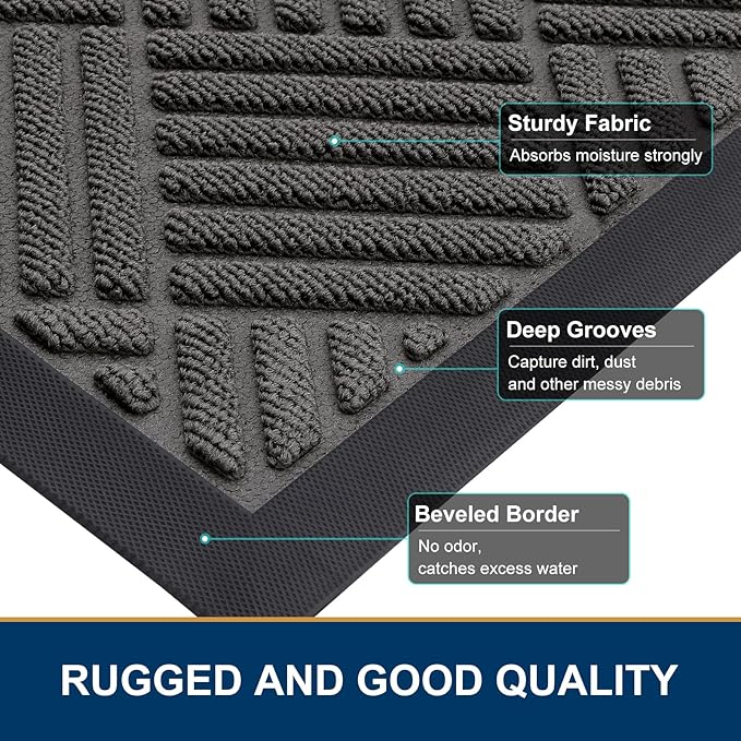 Smiry Front Door Mat Outside Entrance, Heavy Duty Outdoor Indoor Natural Rubber Doormat, Non Slip, Trap Dirt and Moisture, Easy Clean, Low Profile Patio Porch Entryway Mat, 59x20, Grey