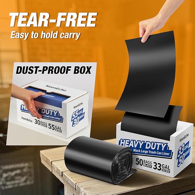 Heavy Duty Contractor Trash Bags 30-33 Gallon 50 Count, 1.5 Mil Extra Thick, Strong Black Garbage Bags, Leakproof Star Seal for Construction, Yard, Demolition Debris