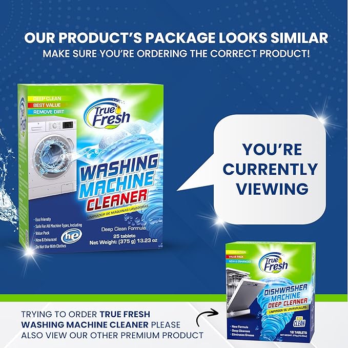 True Fresh Washing Machine Cleaner Tablets – 25-Pack Deep Cleaning for Front Loader, Top Load & HE Washers – Helps Remove Odor-Causing Residues, Pet Hair & Hard Water Buildup – Septic Safe