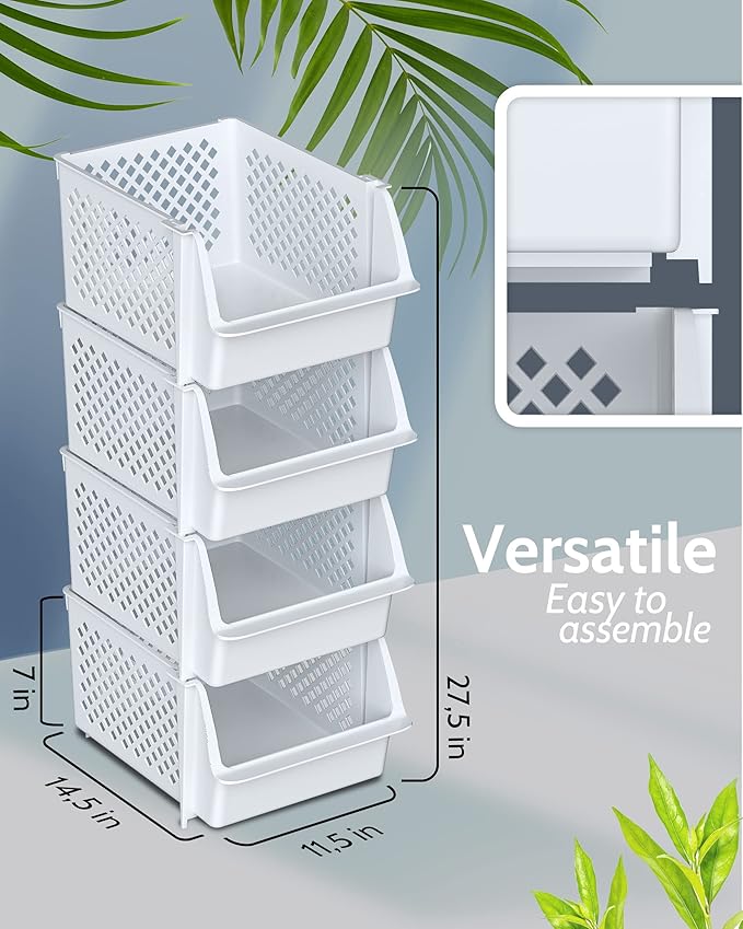 TidyFriend Plastic Stackable Storage Bins for Pantry - 12 Pack Stackable Bins for Organizing Food, Kitchen, and Bathroom Essentials (White)