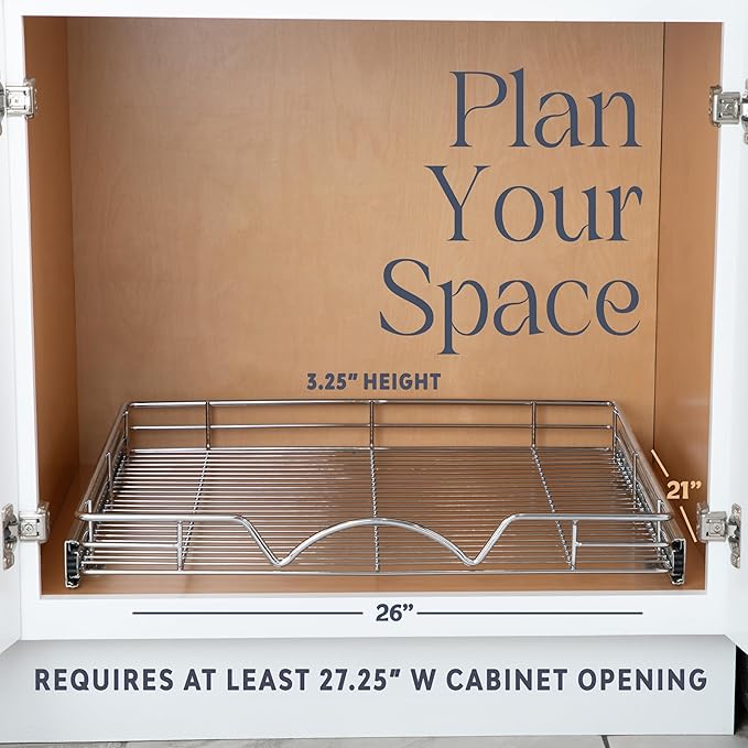 HOLDN’ STORAGE Pull Out Cabinet Organizer, Heavy Duty Caddy w/Lifetime Limited Warranty -26”W x 21”D - Requires At Least 27-1/4” Cabinet Opening, Steel Metal Cabinet Drawers Slide Out, Chrome