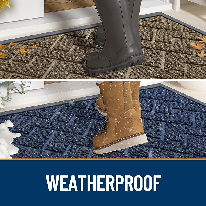 OLANLY Front Door Mat Indoor Outdoor Entrance, Waterproof All-Season, All-Weather Doormat, Sturdy Natural Rubber, Low Profile, Easy Clean Patio Porch Entryway Mat, Herringbone Brick (Blue, 36x24)