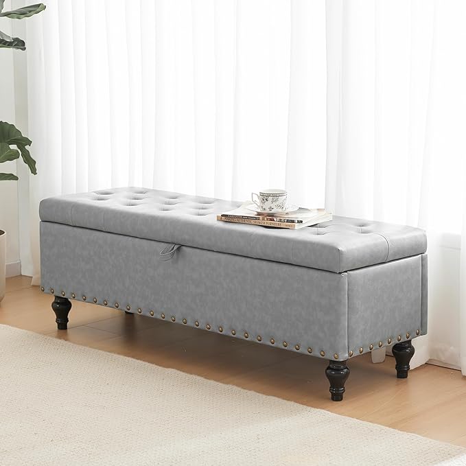 50" Storage Ottoman Bench, Tufted Ottoman with Storage for Living Room, Large End of Bed Ottomans, Modern Entryway Benchs, Window & Bedroom Benches for Foot of Bed (AshGray)