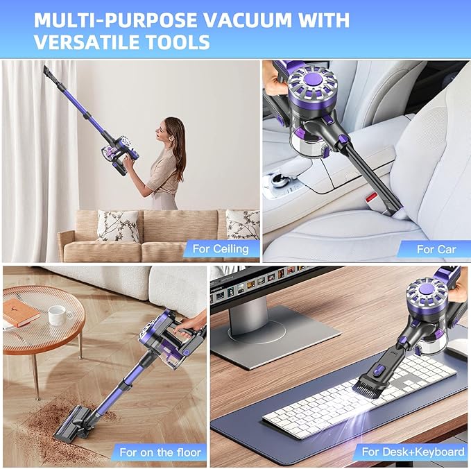 Cordless Vacuum Cleaner,Vacuum Cleaners for Home with Super Suction,Lightweight Stick Vacuum with 35 Mins Runtime,Rechargeable Cordless Vacuum for Carpet, Tile, Pet Hair, Hardwood Floors(Dark Purple)