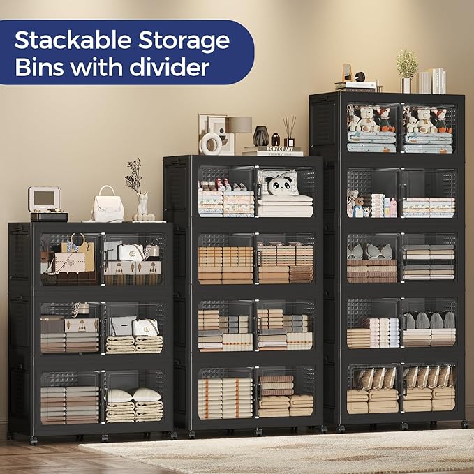 160GAL Storage Bins with Lid and Wheels, Stackable Closet Organizers and Storage Drawer, Collapsible Storage Box with Dividers, Foldable Plastic Cabinets Cubes Totes for Garage, 4 Pack Black