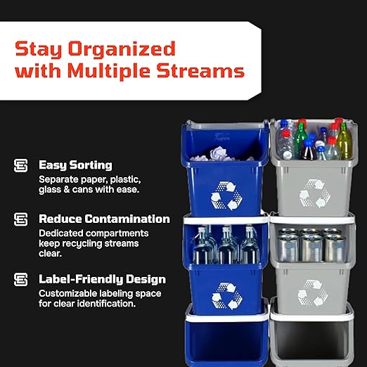 Multi Recycling Bin System with Three Stacking 6 Gallon Bins with Carrying Handles, Stackable and Compact for Offices, Homes, Garages, Businesses - (Grey, 6 Pack)