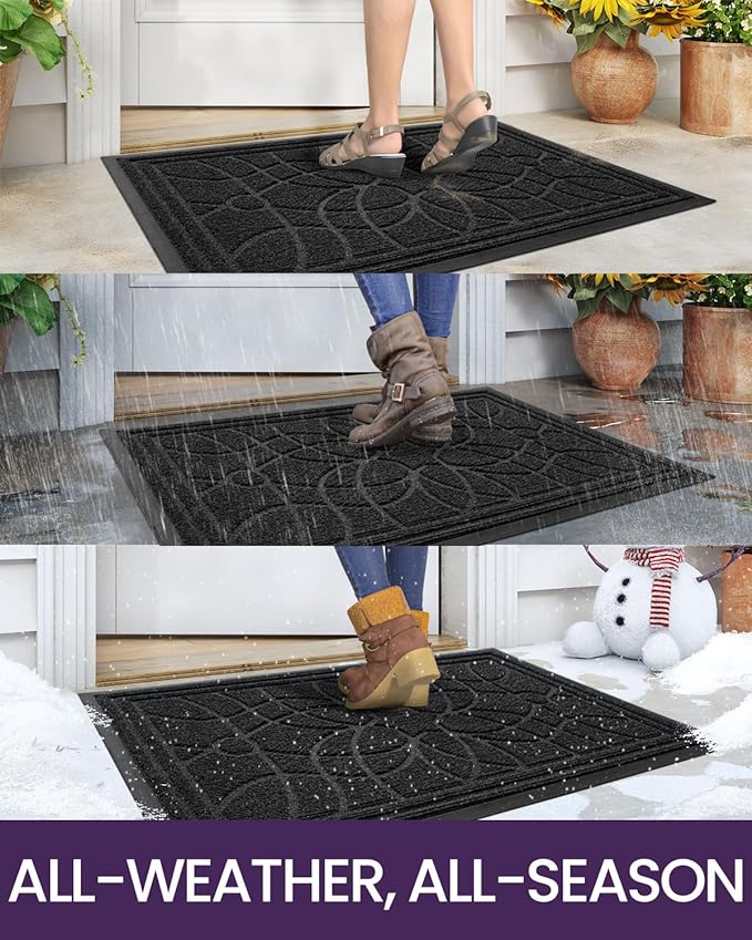 DEXI Front Door Mat Outside Entrance, Heavy Duty Non Slip Low Profile Doormat for Entryway, Trap Dirt and Moisture Welcome Mats, Easy Clean, Patio, Garage, 5x3, Black